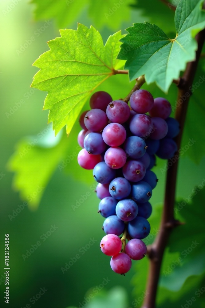 Lush green leaves and purple grapes on a viney branch, grapes, flowers, leafy greens Lush green leaves and purple grapes on a viney branch, grapes, flowers, leafy greens
