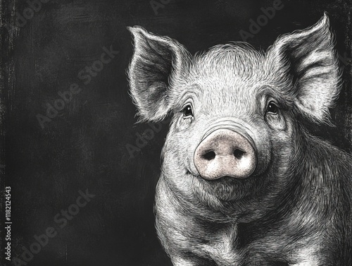 A detailed illustration of a pig with a friendly expression against a dark background.