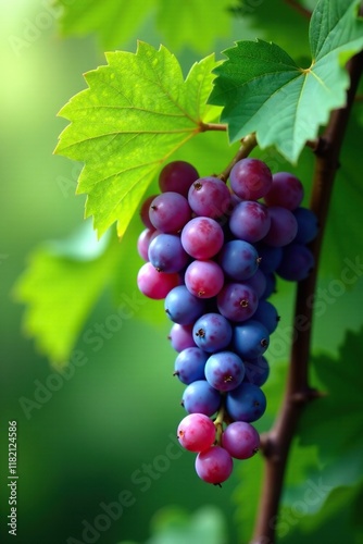 Lush green leaves and purple grapes on a viney branch, grapes, flowers, leafy greens photo