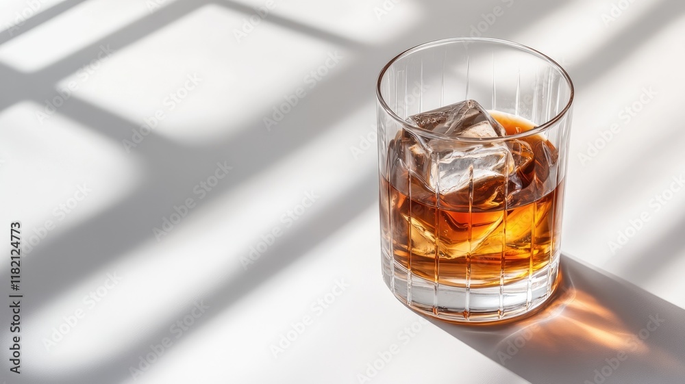 Glass with ice cubes filled amber liquid on sunlit surface Glass with ice cubes filled amber liquid on sunlit surface