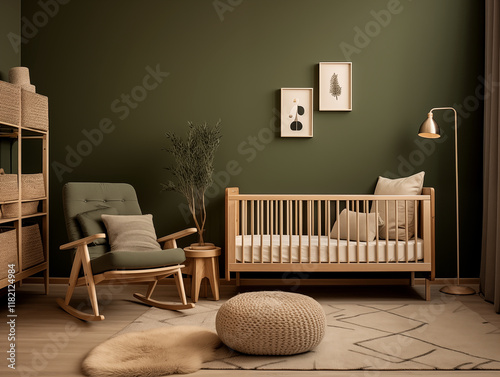 Modern minimalist japandi and scandinavian style nursery interior with forest green walls, crib, armchair and artwork on the wall. Cozy modern nursery interior. Minimalist childs room design