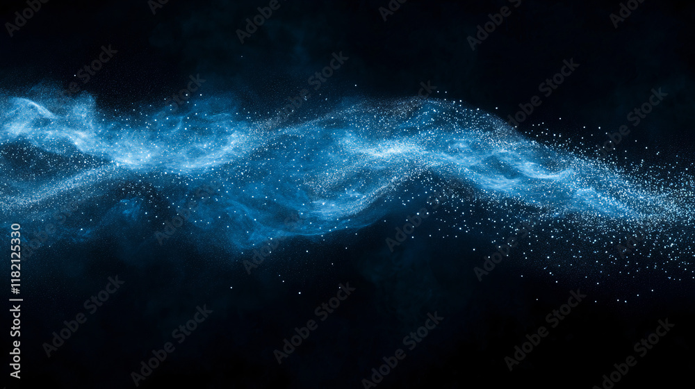 Obraz premium Nebulosa azul brillante con partículas de luz en un fondo oscuro, ideal para diseños cósmicos, espaciales y atmosféricos.