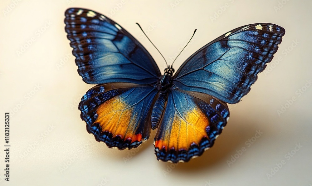 Fototapeta premium A vibrant blue butterfly with orange accents, showcasing intricate wing patterns and natural beauty.