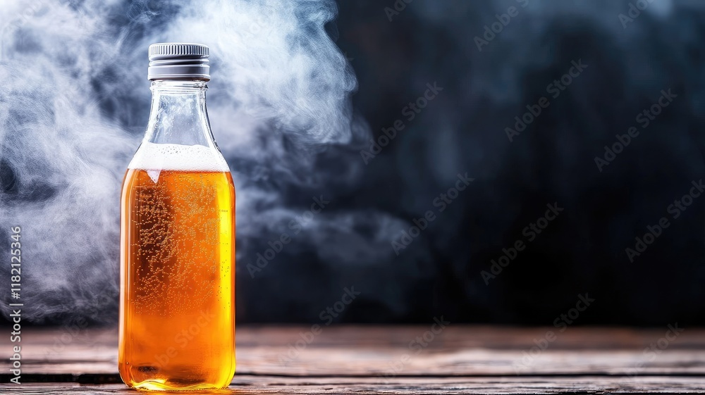 Glass bottle of orange liquid with smoke, on wooden surface Glass bottle of orange liquid with smoke, on wooden surface