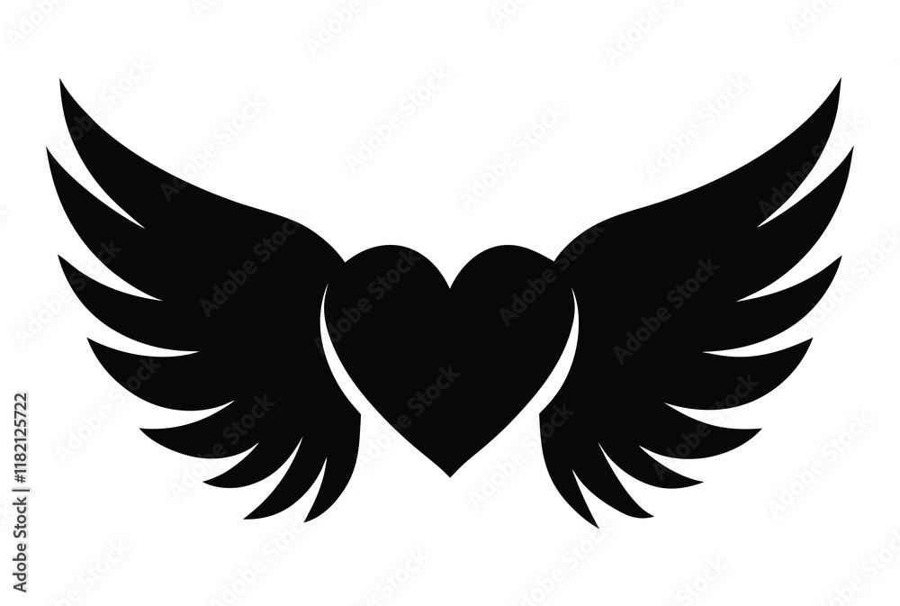 Black heart with wings on white background. Silhouette heart icon with two wings. Love heart with wings vector icon design Black heart with wings on white background. Silhouette heart icon with two wings. Love heart with wings vector icon design