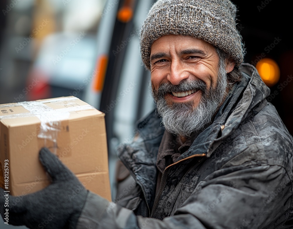A cheerful delivery man exchanges a package with a smiling customer beside a van, embodying a successful and friendly delivery experience A cheerful delivery man exchanges a package with a smiling customer beside a van, embodying a successful and friendly delivery experience