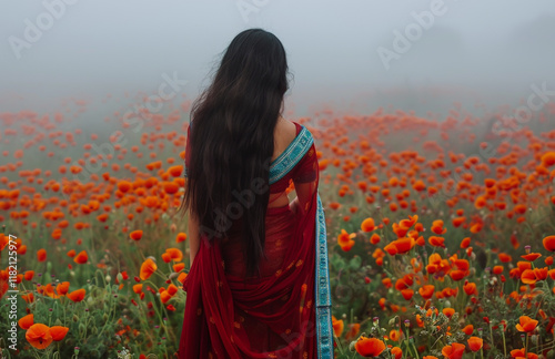 A stunning woman in an elegant saree, standing gracefully in front of the camera, oozes beauty and poise photo