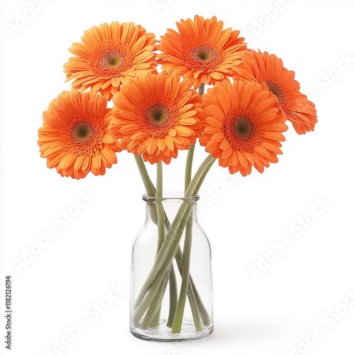 A vibrant orange flower arranged in a transparent vase isolated on white background.