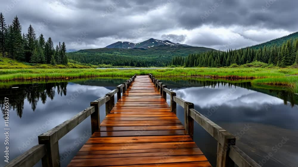 Serenity of a wooden dock stretching over still waters in a lush, mountainous landscape with cloudy skies Serenity of a wooden dock stretching over still waters in a lush, mountainous landscape with cloudy skies