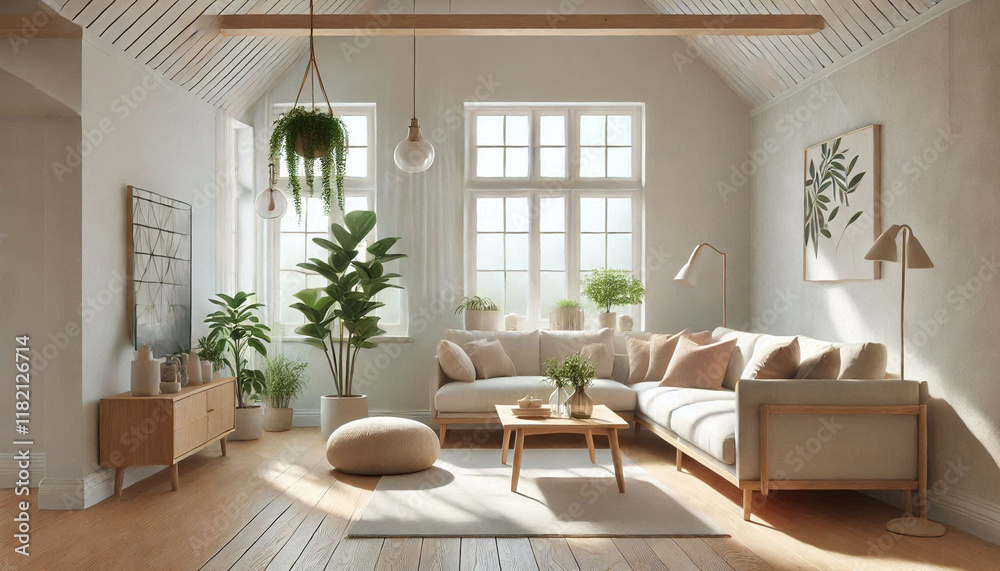 Fototapeta premium Stylish apartment interior, wooden flooring, white walls,