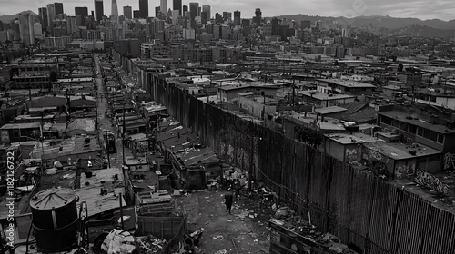 neighborhood divided by a fence, emphasizing segregation and class disparity. | [Racial and Class Discrimination]:[Social problems] 