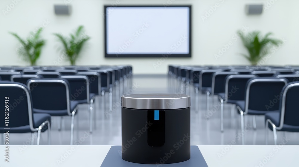 Fototapeta premium Conference room setup with a speaker and empty chairs facing a screen.