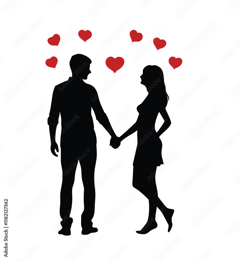 Happy valentine-s day couple proposing silhouette illustration