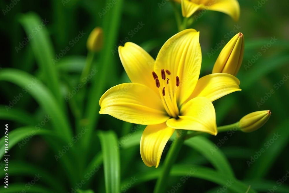 Mature yellow lily bloom with prominent buds and lush green foliage, lilies, flowers, flowering Mature yellow lily bloom with prominent buds and lush green foliage, lilies, flowers, flowering