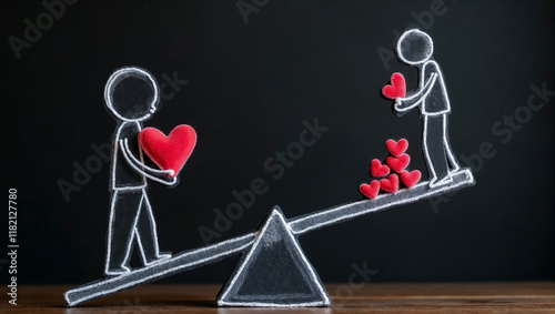 Conceptual image of a seesaw balancing unequal amounts of hearts. Represents love, balance, or sacrifice.