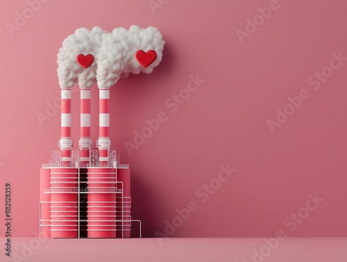 A futuristic power plant with heartshaped exhaust towers, Valentines ecoengineering, global energy, romantic concept photo