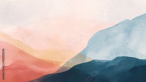 Painting of mountains with a blue sky in the background. The mountains are painted in different shades of blue, green, and purple. The sky is a light blue color. The painting has a serene photo