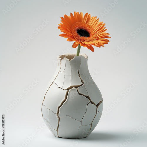 broken white vase with orange colour daisy flower isolated on white background