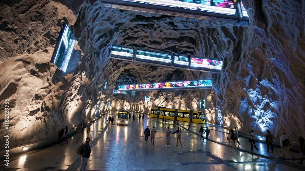 Unique underground transportation hub in Stockholm with stunning rock formations and vibrant displays