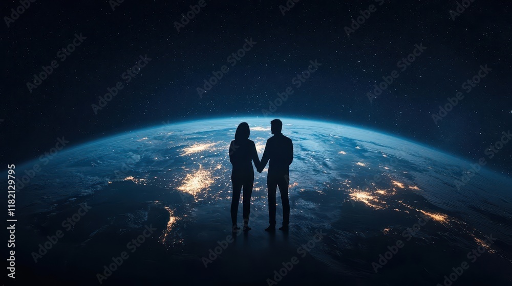 Engineers working on heartshaped satellites orbiting Earth, Valentines space innovation, global love, technological art Engineers working on heartshaped satellites orbiting Earth, Valentines space innovation, global love, technological art