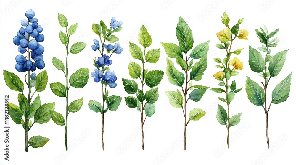 A watercolor illustration of various green plants and berries, showcasing their natural beauty. A watercolor illustration of various green plants and berries, showcasing their natural beauty.