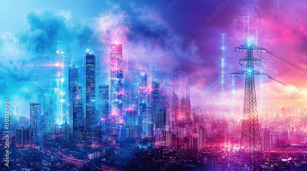 vibrant cityscape showcasing smart energy with glowing skyscrapers and power lines, reflecting innovation and technology vibrant cityscape showcasing smart energy with glowing skyscrapers and power lines, reflecting innovation and technology
