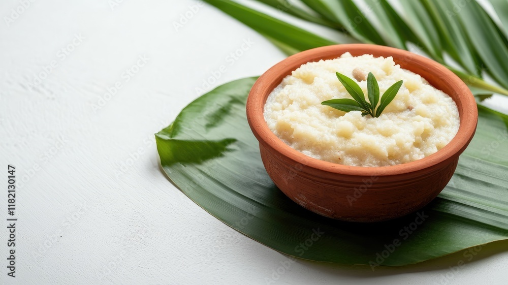 Bowl of creamy rice pudding garnished with green leaves on large tropical leaf Bowl of creamy rice pudding garnished with green leaves on large tropical leaf