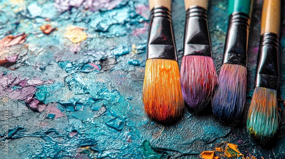 Fototapeta premium Photo: Colorful Paintbrushes on Textured Palette Art Supplies and Artistic Expression