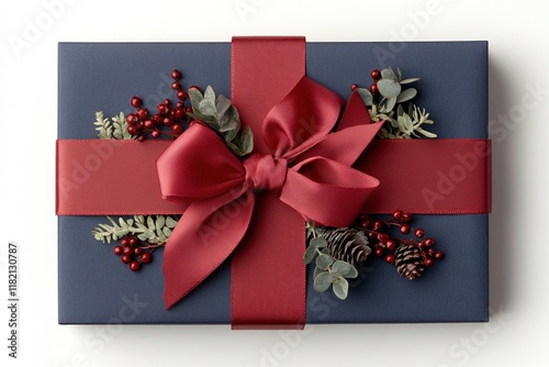 Elegant Christmas Gift Box with Red Ribbon and Seasonal Decorations Perfect for Holiday Celebrations and Festive Occasions. photo