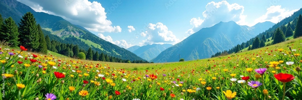 Obraz premium Mountain meadow blooming with colorful wildflowers, meadow, greenery, colors
