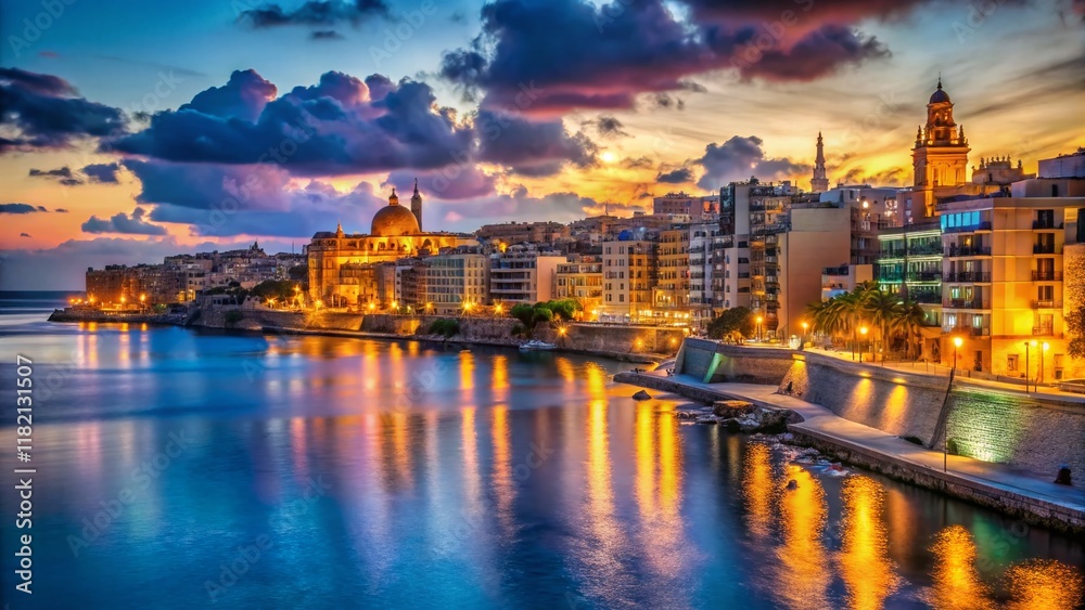 Obraz premium Sliema Malta Night Cityscape Coastline Panoramic View