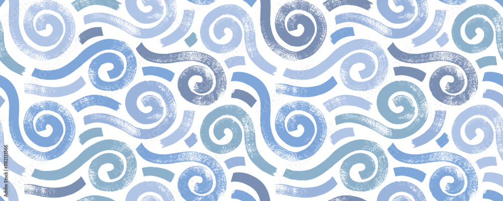 Blue seamless pattern with bold brush drawn spirals, swirls and thick doodle lines.