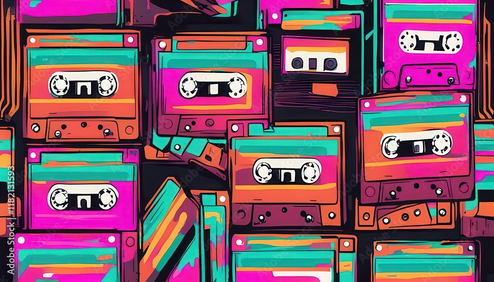 A vibrant and colorful pattern of retro cassette tapes, featuring bold neon colors like pink, green, orange, and blue, arranged in a playful, generate ia A vibrant and colorful pattern of retro cassette tapes, featuring bold neon colors like pink, green, orange, and blue, arranged in a playful, generate ia