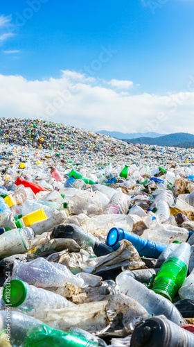 Wallpaper Mural Plastic bottles and packaging waste creating a massive pile of garbage polluting the environment under a beautiful blue sky, highlighting the global environmental crisis Torontodigital.ca