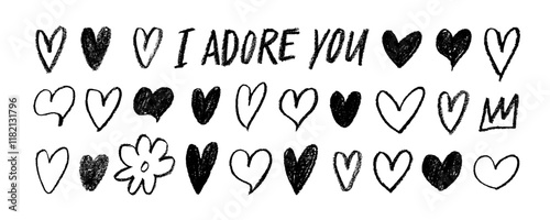 Crayon drawn linear and silhouette hearts collection. Romantic phrase I adore you. Modern pencil calligraphy and cute childish hearts. Vector design elements for cards, notes and collages.