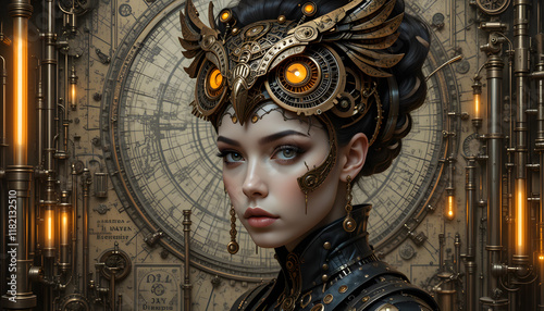 Woman with steampunk owl headdress. photo