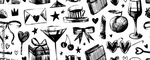 Childish sketchy cute seamless pattern with girlish style elements. Crayon drawn vector graphic seamless pattern. Freehand picnic elements, girly design with wine, lipstick, fruits and bows.