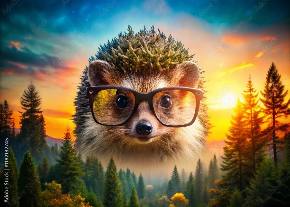 Obraz premium Smart Hedgehog in Glasses: Double Exposure Nature Stock Photo