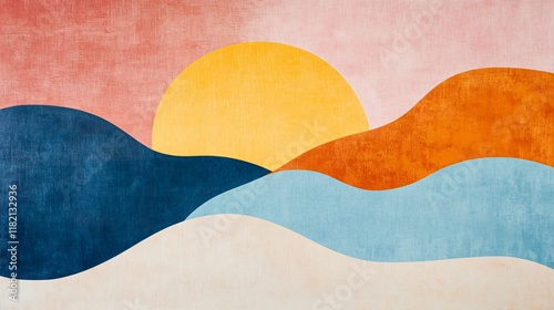 Colorful painting of a mountain range with a sun in the sky. The sun is yellow and is positioned in the middle of the painting. The mountains are blue and orange, and the sky is pink photo