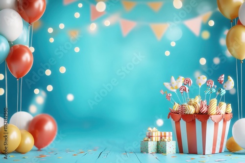 Carnival-themed celebration with bright balloons and confetti festive party setup colorful background joyful atmosphere