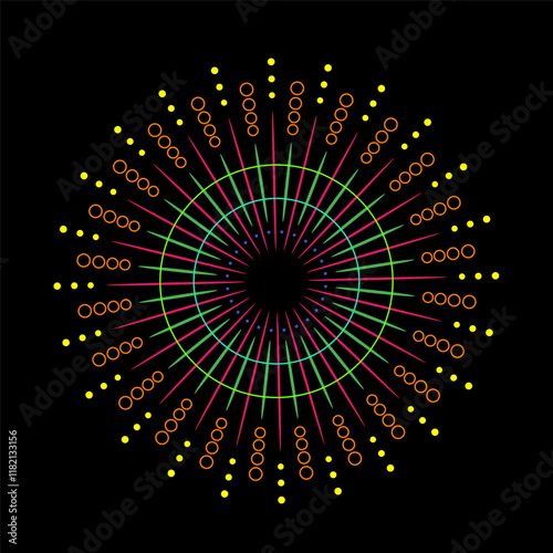 Radiant firework burst with colorful spark rays on black background. Abstract sunburst graphic featuring light flash and explosion. Circular flare design with shining sparks