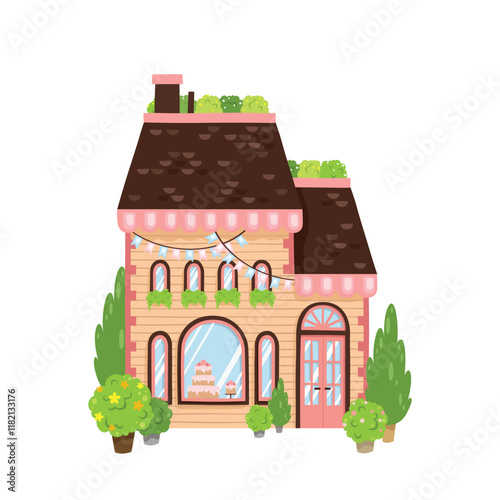 Series of houses, shops, cafes, and other buildings picturing small town landscape in vector drawing illustration