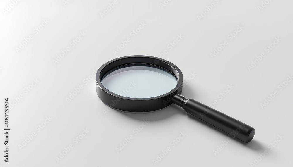 A Black Framed Magnifying Glass Tool Lying Flat on a White Surface for Study or Research A Black Framed Magnifying Glass Tool Lying Flat on a White Surface for Study or Research