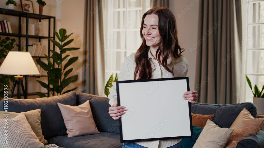 Smiling Woman in Elegant Living Room with Blank Frame Smiling Woman in Elegant Living Room with Blank Frame