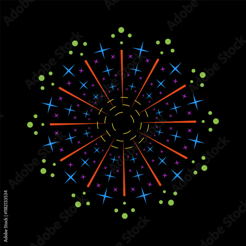 Firecracker inspired spark outbreak featuring radiant colorful light. Circular burst flare with shining fireworks effect. Abstract design on black background