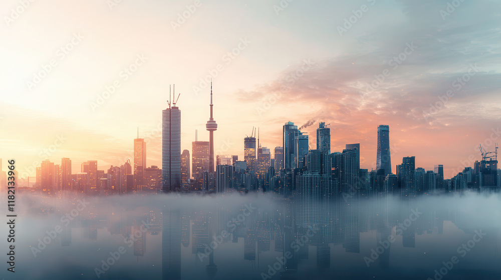modern urban skyline with energy efficient buildings at sunrise, reflecting in water, creating serene atmosphere modern urban skyline with energy efficient buildings at sunrise, reflecting in water, creating serene atmosphere