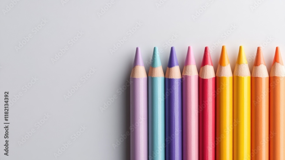 Nine colorful sharpened pencils arranged in row on white background Nine colorful sharpened pencils arranged in row on white background