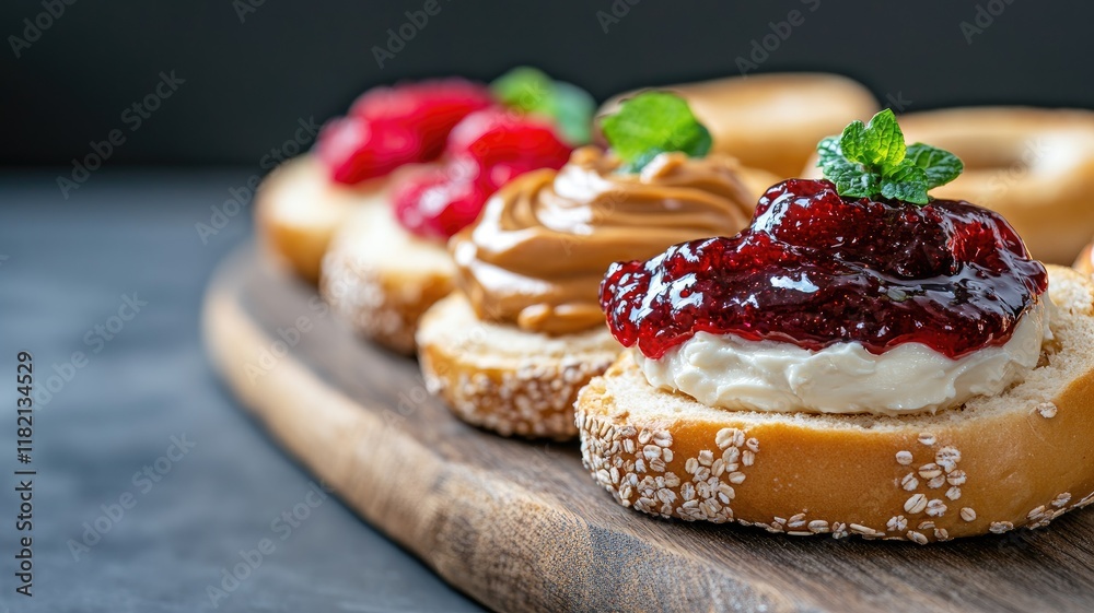 Assorted bagels with various spreads, garnished mint leaves Assorted bagels with various spreads, garnished mint leaves