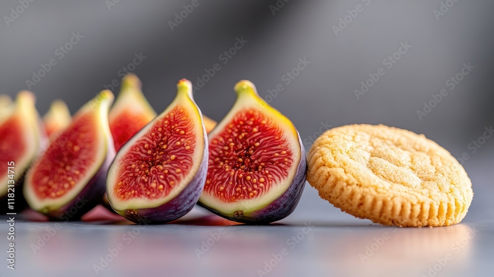 Sliced figs next to crumbly cookie on board Sliced figs next to crumbly cookie on board