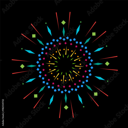 Colorful fireworks spark burst with radiant light. Abstract outburst flare inspired by firecracker explosion on black background. Shining sunray graphic design element